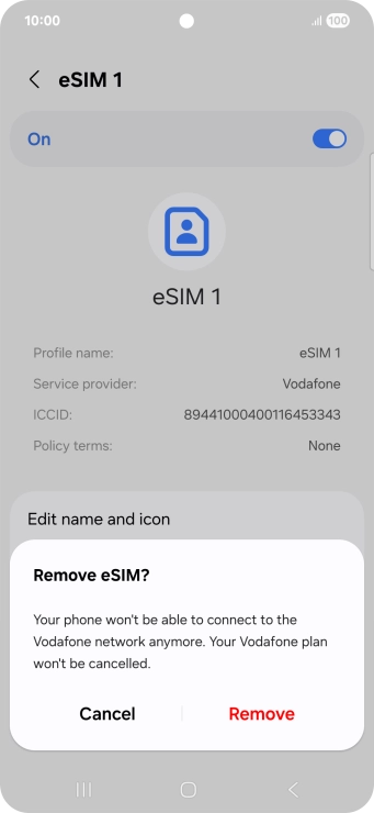 Press Remove and follow the instructions on the screen to delete your eSIM.