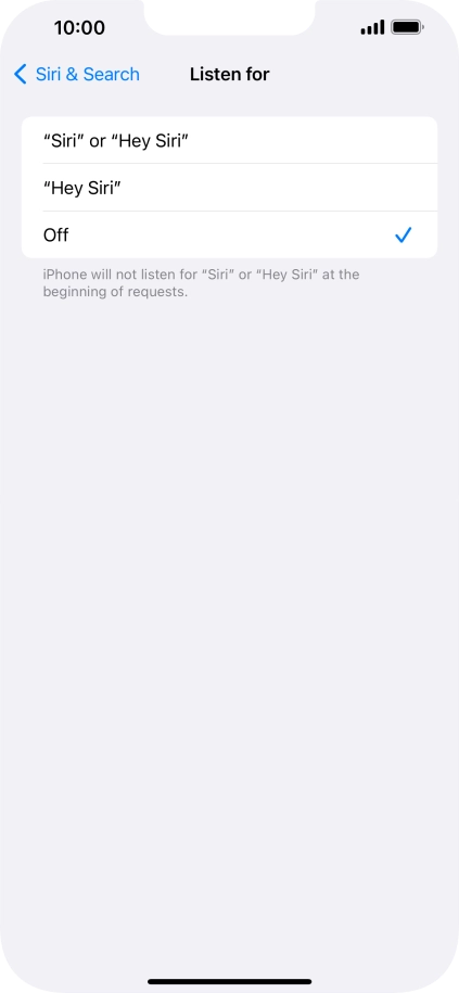 Press the required setting to turn the function on or off. If you turn on the function, you need to follow the instructions on the screen to set up Siri to recognise your voice.