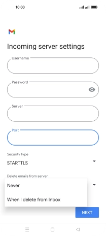 Press Never to keep email messages on the server when you delete them on your phone.