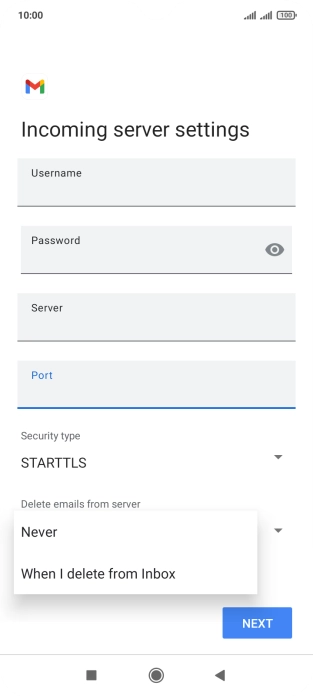 Press Never to keep email messages on the server when you delete them on your phone.