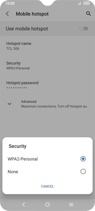 Press WPA2-Personal to password protect your Wi-Fi hotspot.