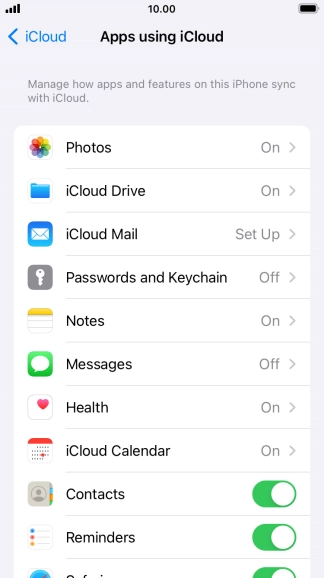 Press the indicators next to the required data types to turn synchronisation of each data type on or off.