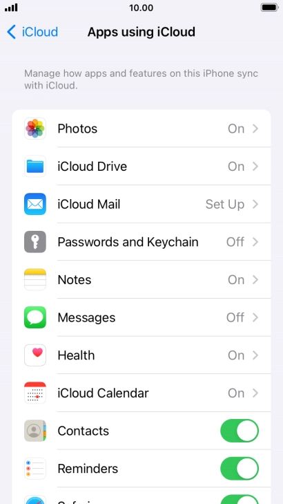 Press the indicators next to the required data types to turn synchronisation of each data type on or off.