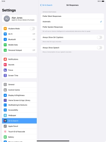 Press the required setting.
