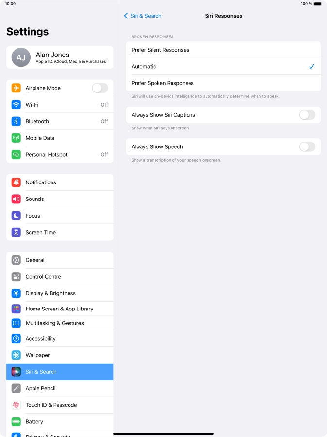 Press the required setting.