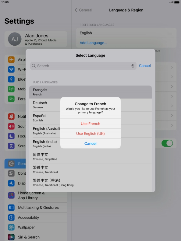 To select the new language as the default tablet language, press Use ‹language›. To select the new language as the default tablet language, press Use ‹language›.