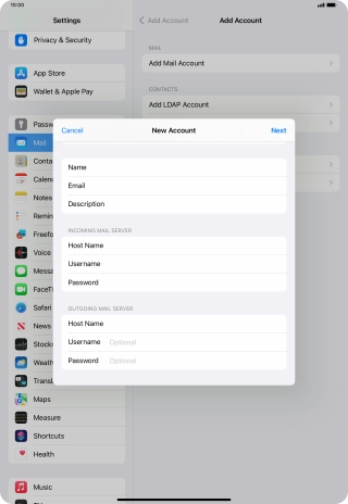 Press Username and key in the username for your email account.