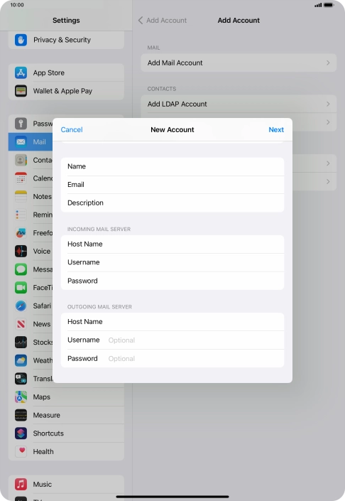 Press Username and key in the username for your email account.