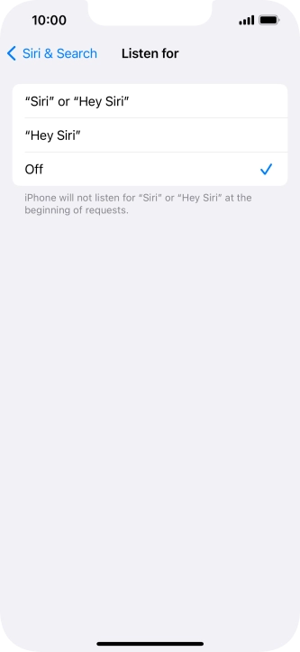 Press the required setting to turn the function on or off. If you turn on the function, you need to follow the instructions on the screen to set up Siri to recognise your voice.
