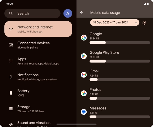 The data usage for each application is displayed below the name of the application. The data usage for each application is displayed below the name of the application.