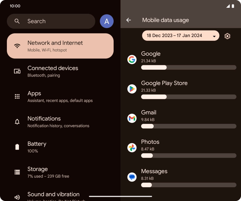 The data usage for each application is displayed below the name of the application. The data usage for each application is displayed below the name of the application.