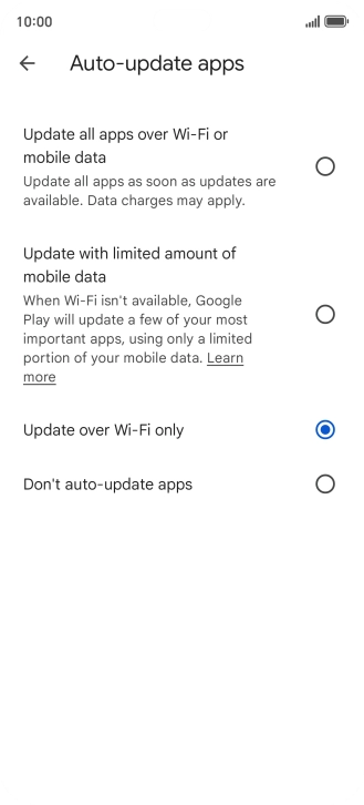 To turn on automatic update of apps using mobile network, press Update all apps over Wi-Fi or mobile data. To turn on automatic update of apps using mobile network, press Update all apps over Wi-Fi or mobile data.