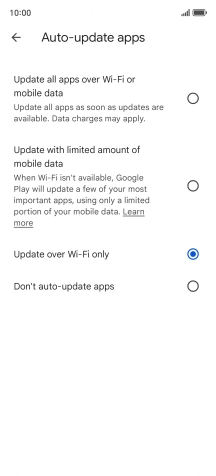 To turn on automatic update of apps using mobile network, press Update all apps over Wi-Fi or mobile data. To turn on automatic update of apps using mobile network, press Update all apps over Wi-Fi or mobile data.