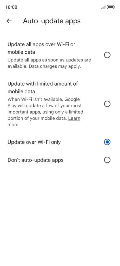 To turn on automatic update of apps using mobile network, press Update all apps over Wi-Fi or mobile data. To turn on automatic update of apps using mobile network, press Update all apps over Wi-Fi or mobile data.