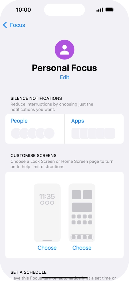 Press People and follow the instructions on the screen to select which contacts you would like to receive calls and notifications from when the selected focus mode is active.