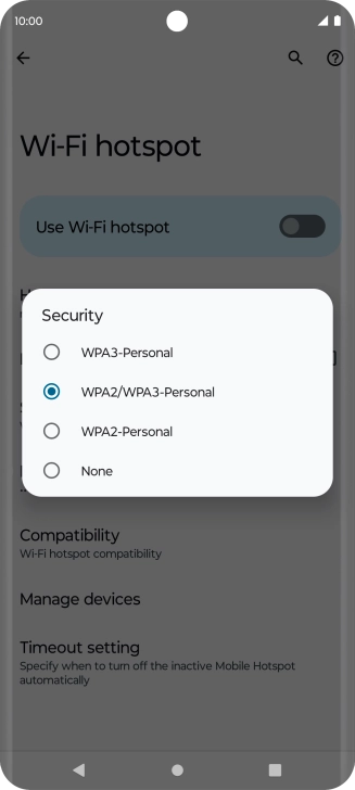 Press WPA3-Personal to password protect your Wi-Fi hotspot.