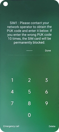 Key in the PUK and press Done.