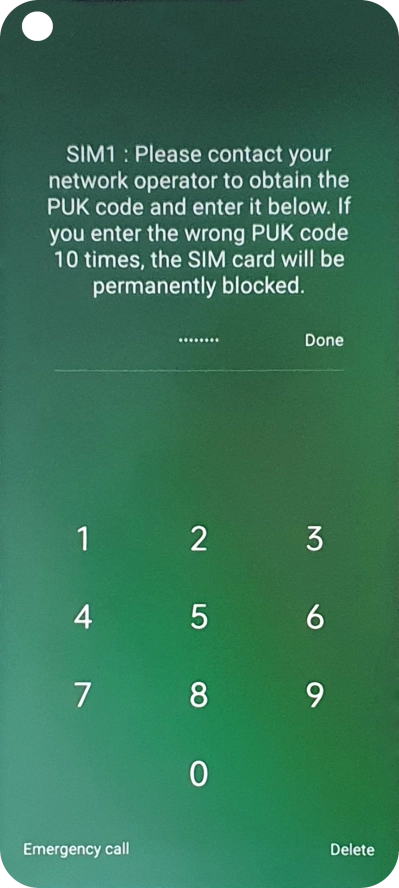 Key in the PUK and press Done.