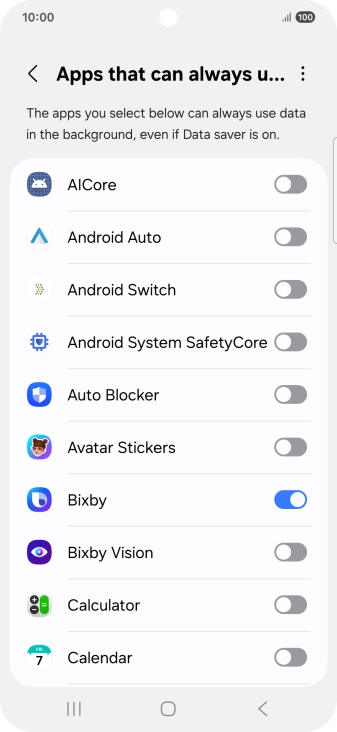Press the indicators next to the required apps to turn the function on or off.