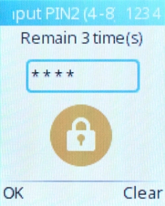 Key in your PIN2 and press the Left selection key. The default PIN2 is 1111.