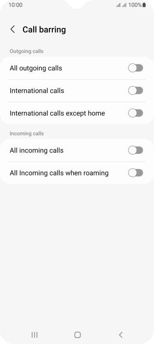 Press the indicator next to the required barring type to turn the function on or off.