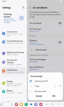 Press the required setting.