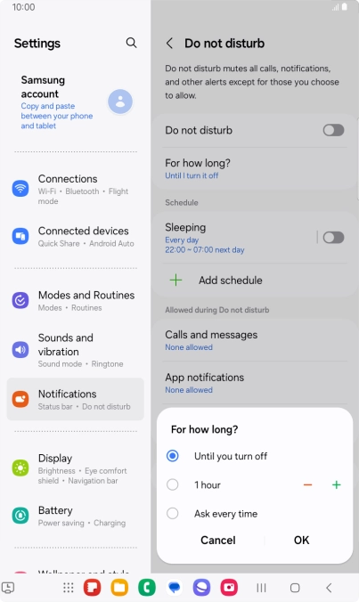 Press the required setting.