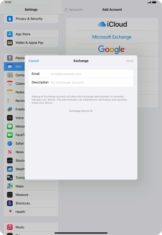 Press Email and key in your email address.