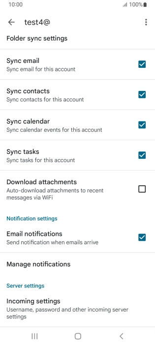 Press the fields next to the required data types to turn synchronisation on or off.
