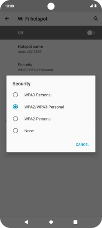 Press WPA3-Personal to password protect your Wi-Fi hotspot. Press WPA3-Personal to password protect your Wi-Fi hotspot.