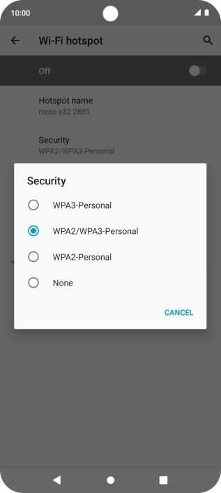 Press WPA3-Personal to password protect your Wi-Fi hotspot. Press WPA3-Personal to password protect your Wi-Fi hotspot.