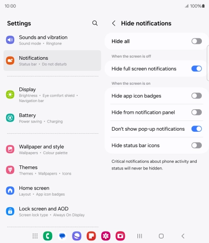 Press the indicators next to the required settings to turn display of the selected notification types on or off.