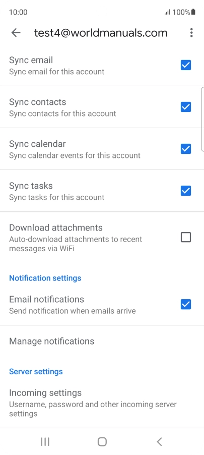 Press the fields next to the required data types to turn synchronisation on or off.