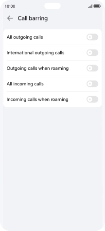 Press the indicator next to the required barring type to turn the function on or off. Press the indicator next to the required barring type to turn the function on or off.