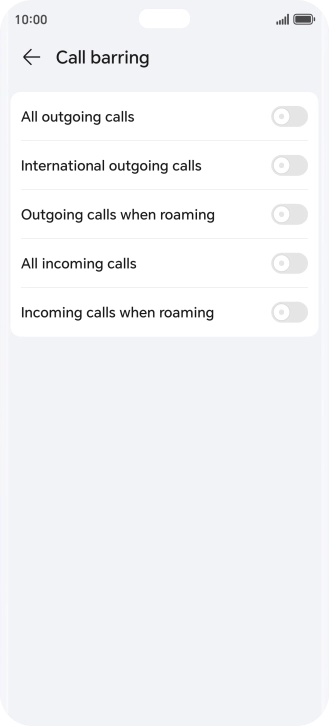 Press the indicator next to the required barring type to turn the function on or off. Press the indicator next to the required barring type to turn the function on or off.