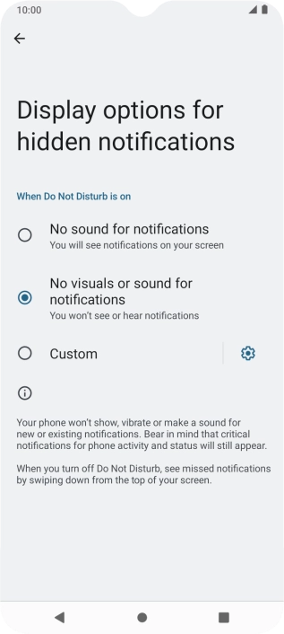 Press the fields next to the required settings to turn display of the selected notification types on or off.