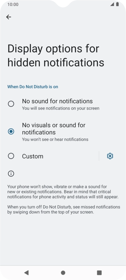 Press the fields next to the required settings to turn display of the selected notification types on or off.
