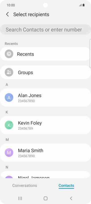 Press the search field and key in the first letters of the recipient's name.