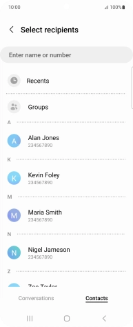 Press the search field and key in the first letters of the recipient's name.