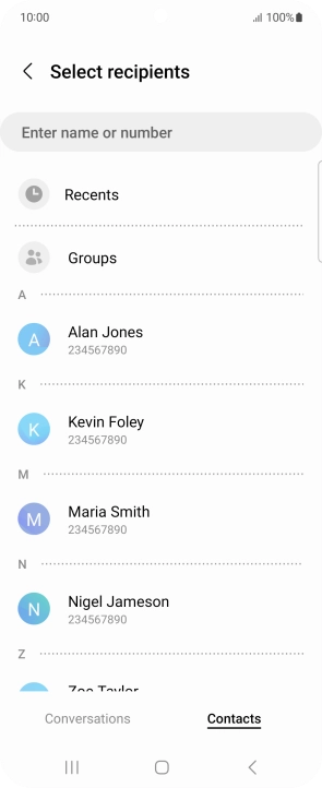 Press the search field and key in the first letters of the recipient's name.