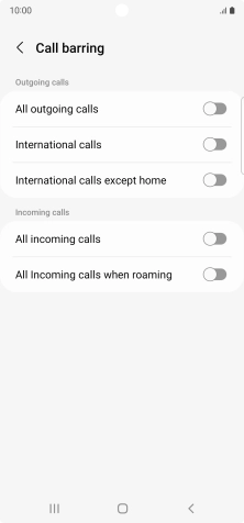 Press the indicator next to the required barring type to turn the function on or off.