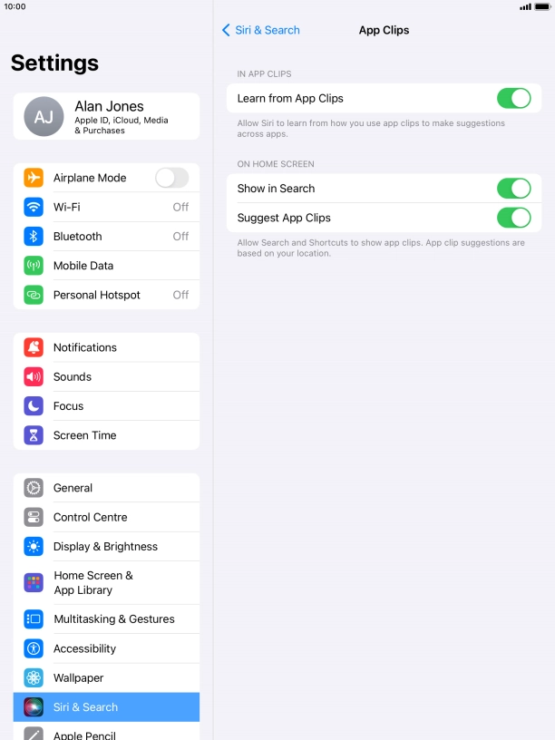Press the indicators next to the required settings to turn them on or off.