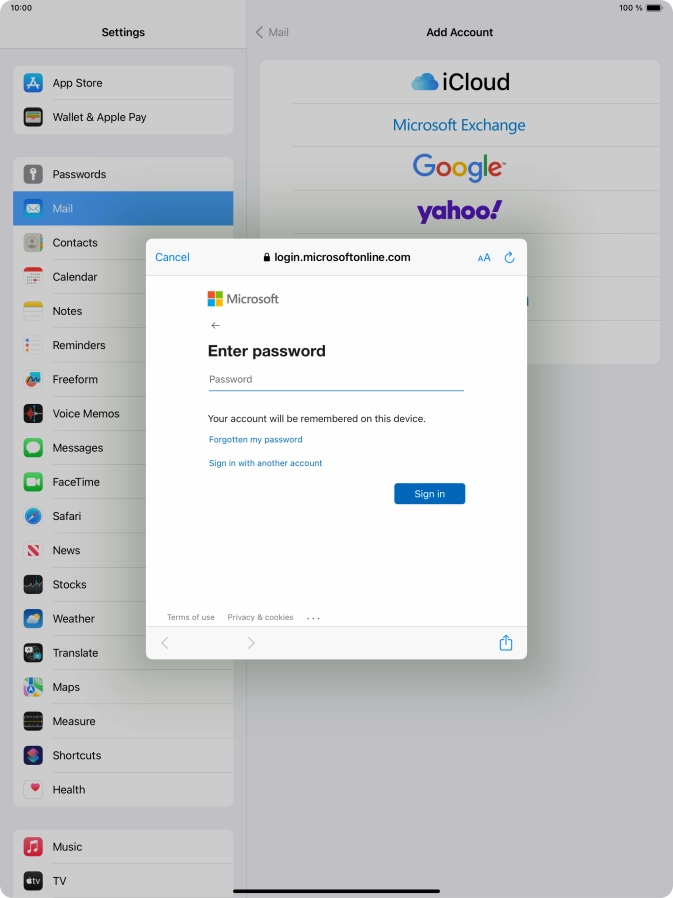 Press Password and key in the password for your email account.