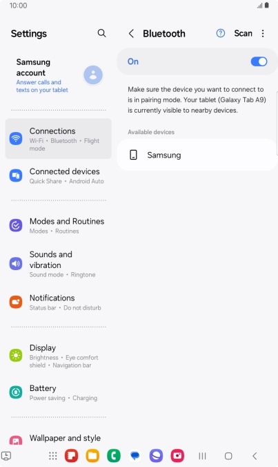 Press the required Bluetooth device and follow the instructions on the screen to pair the device with your tablet.