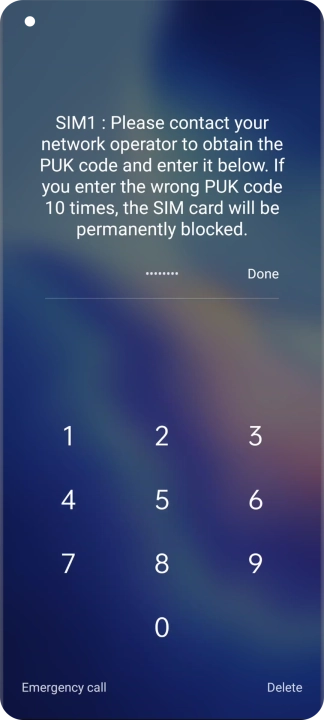 Key in the PUK and press Done.