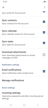 Press the fields next to the required data types to turn synchronisation on or off.