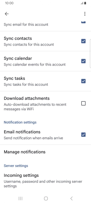 Press the fields next to the required data types to turn synchronisation on or off.