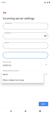 Press Never to keep email messages on the server when you delete them on your phone.