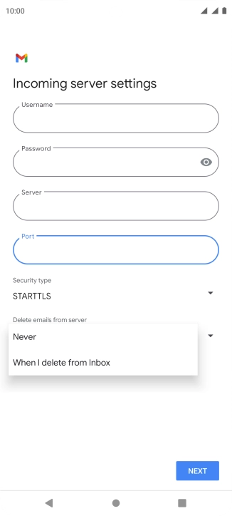 Press Never to keep email messages on the server when you delete them on your phone.