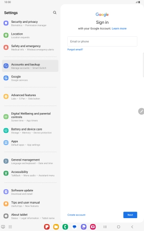 If you don't have a Google account, press Create account and follow the instructions on the screen to create an account. If you don't have a Google account, press Create account and follow the instructions on the screen to create an account.